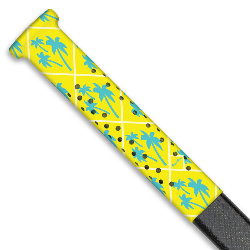 yellow hockey stick grip with blue palm trees from sniper skin