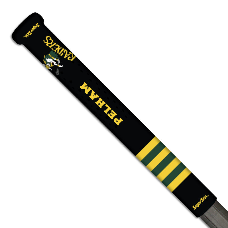 black custom lacrosse pelham raiders grips from sniper skin with team logo and stripes