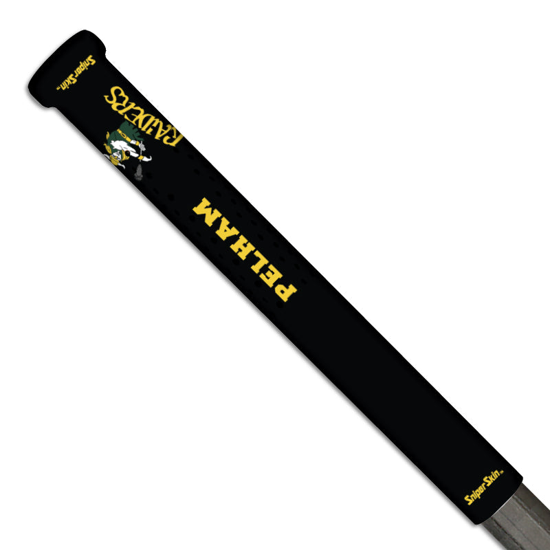 black pro stock custom lacrosse pelham raiders grips from sniper skin with team logo 