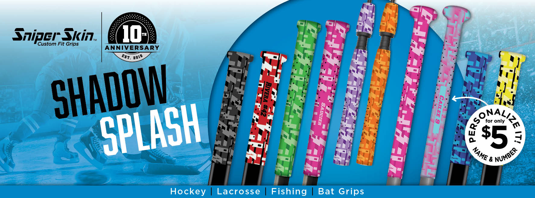 Add some Color to your hockey, lacrosse, fishing, and bat grips with Sniper Skin shadow splash camo grips 