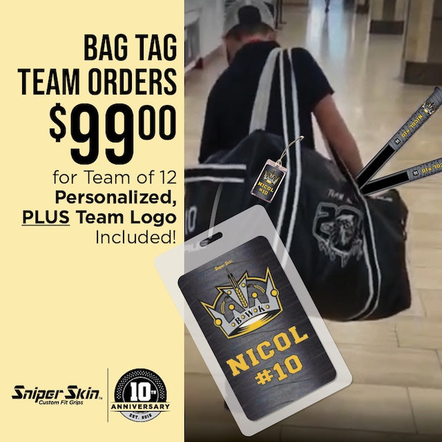 custom bag tags that match your custom hockey stick grips are $99 for a team of 12 only from Sniper Skin find your bag in the locker room and easily while traveling 