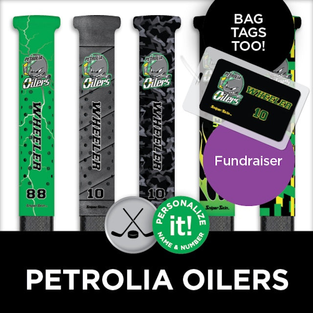 Petrolia Oilers hockey stick wraps and bag tags fundraiser with Sniper Skin