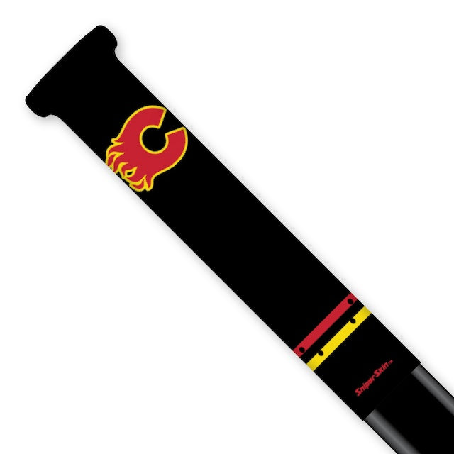 BLACK  HOCKEY STICK GRIP WITH FLAMES LOGO AND RED YELLOW STRIPES CLARINGTON FLAMES SNIPER SKIN 