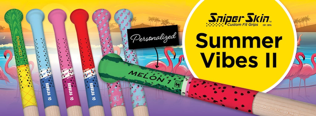 Colorful bat grips including watermelon, pineapple, flamingos and bubble gum from  Sniper Skin branding 