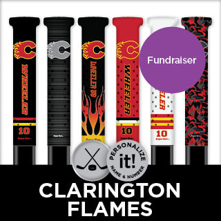 Collection of hockey stick wraps with various designs and branding, featuring the Clarington Flames logo.