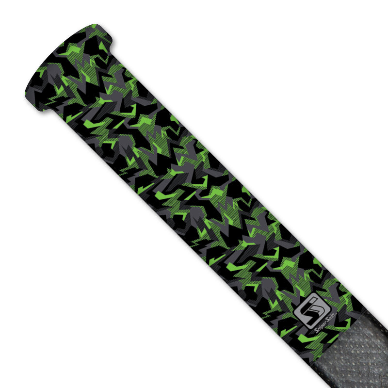 green geo camo Sniper Skin grip on a hockey stick handle 
