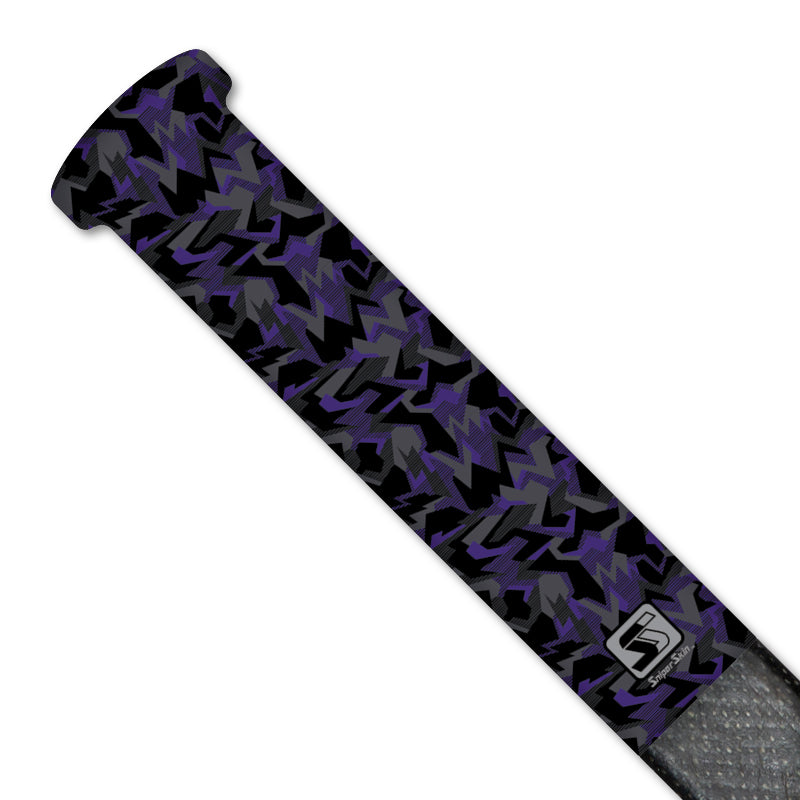 purple geo camo Sniper Skin hockey grip on a hockey stick handle