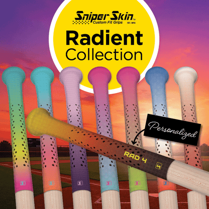 Colorful baseball bat grips with Sniper Skin grips against a sunset sky background