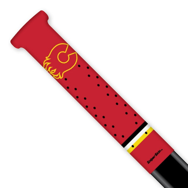 RED HOCKEY STICK GRIP WITH FLAMES LOGO AND RED YELLOW STRIPES CLARINGTON FLAMES SNIPER SKIN 