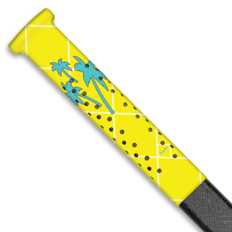 yellow hockey stick grip with blue palm trees from sniper skin 