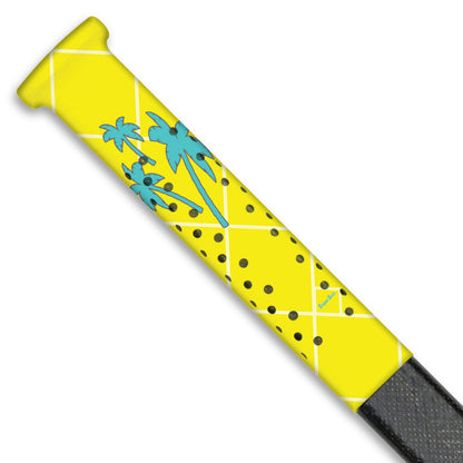 yellow hockey stick grip with blue palm trees from sniper skin 