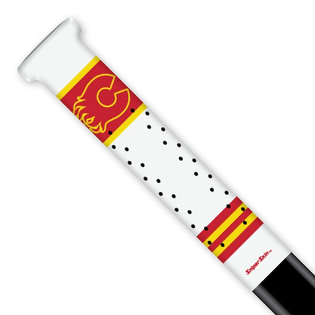 WHITE  HOCKEY STICK GRIP WITH FLAMES LOGO AND RED YELLOW STRIPES CLARINGTON FLAMES SNIPER SKIN 