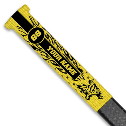 yellow tiger hockey grip on a hockey stick handle from sniper skin 