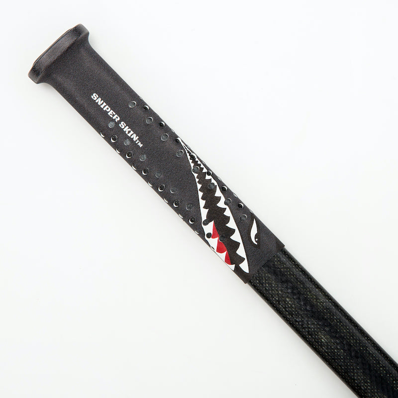 Black Sniper Skin grip on a hockey stick handle with tiger shark pattern