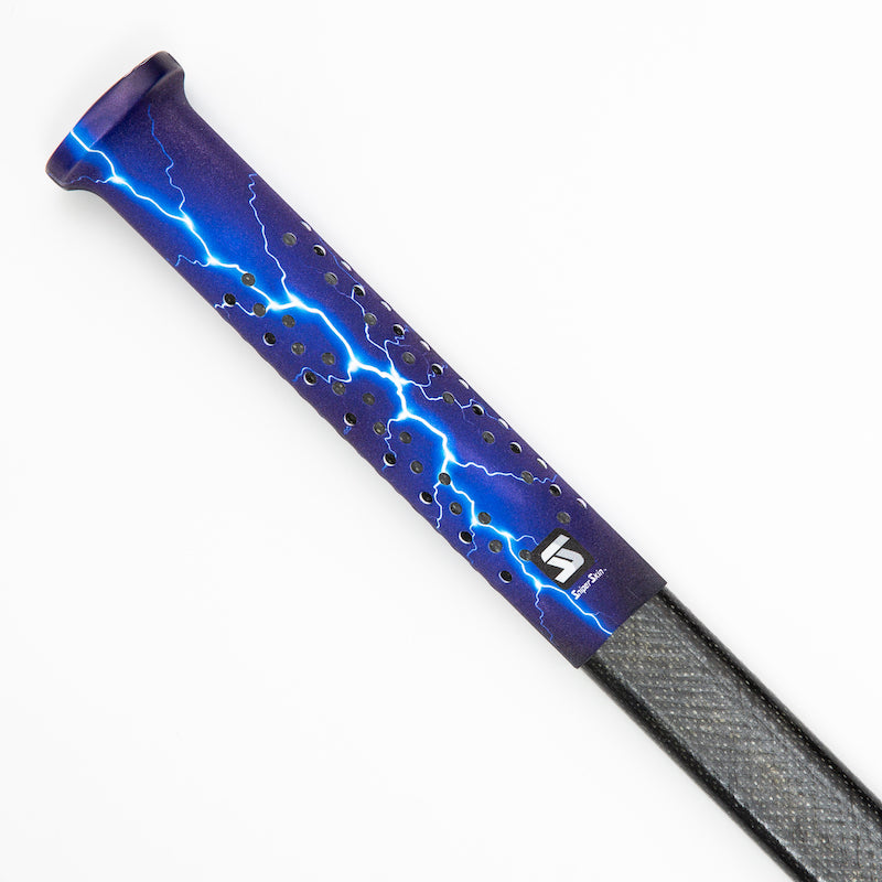 Navy blue Sniper Skin grip on a hockey stick handle with real-looking lightning bolt pattern