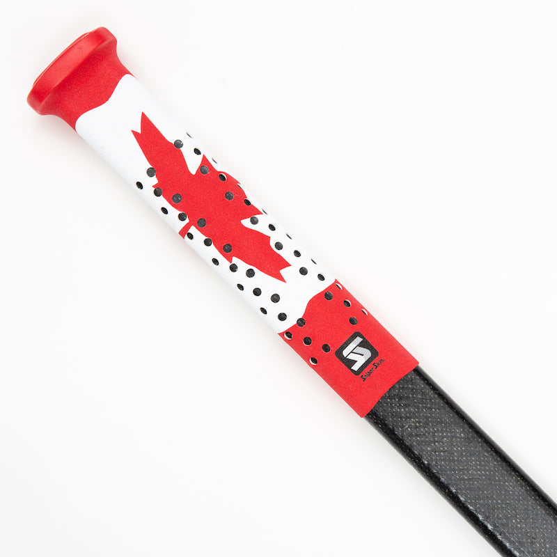 Sniper Skin grip on a hockey stick handle with Canada flag pattern