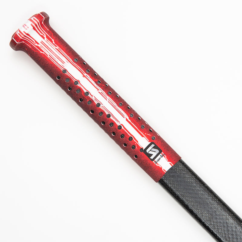 Red Sniper Skin grip on a hockey stick handle with white laser beam