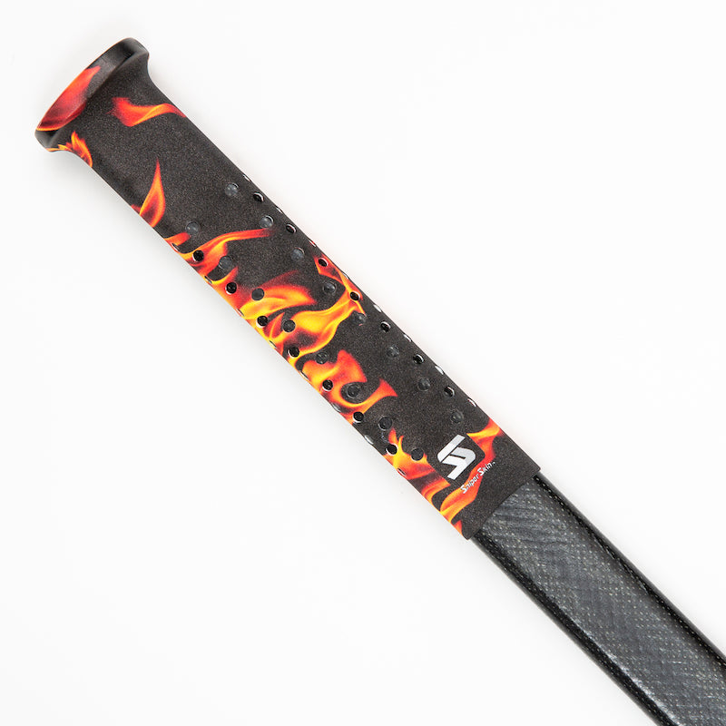 Black Sniper Skin grip on a hockey stick handle with real-looking fire pattern