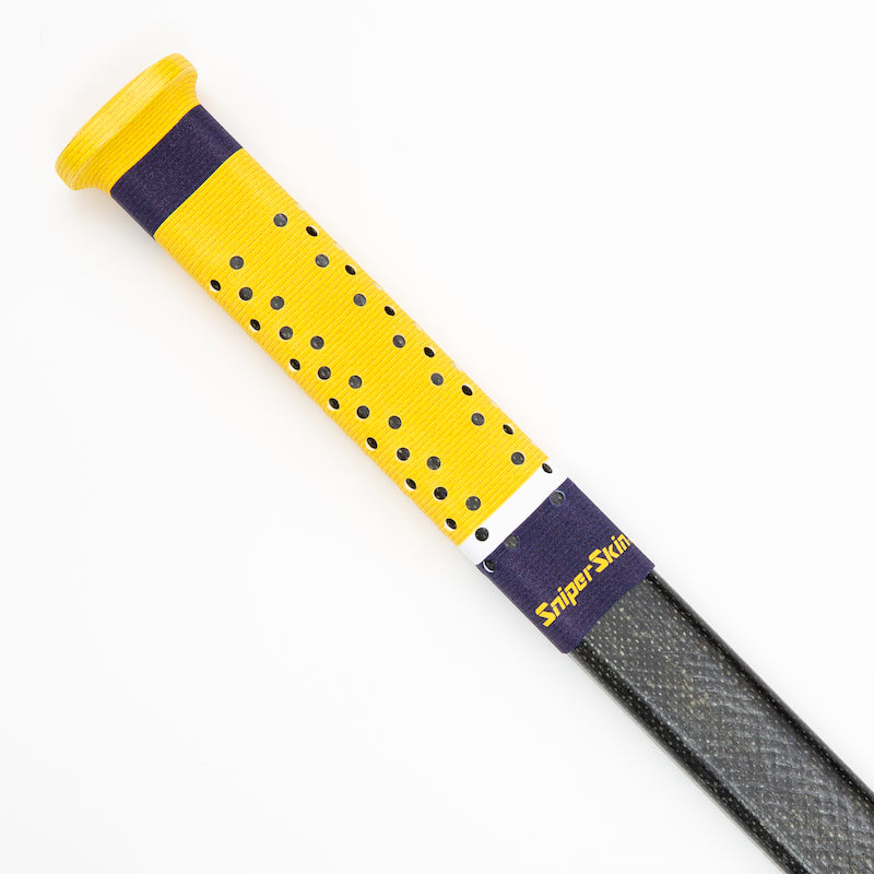Yellow Sniper Skin grip on a hockey stick handle with dark blue and white stripes (Nashville)