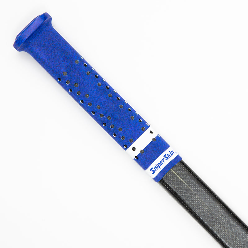 Blue Sniper Skin grip on a hockey stick handle with white stripes (Toronto)