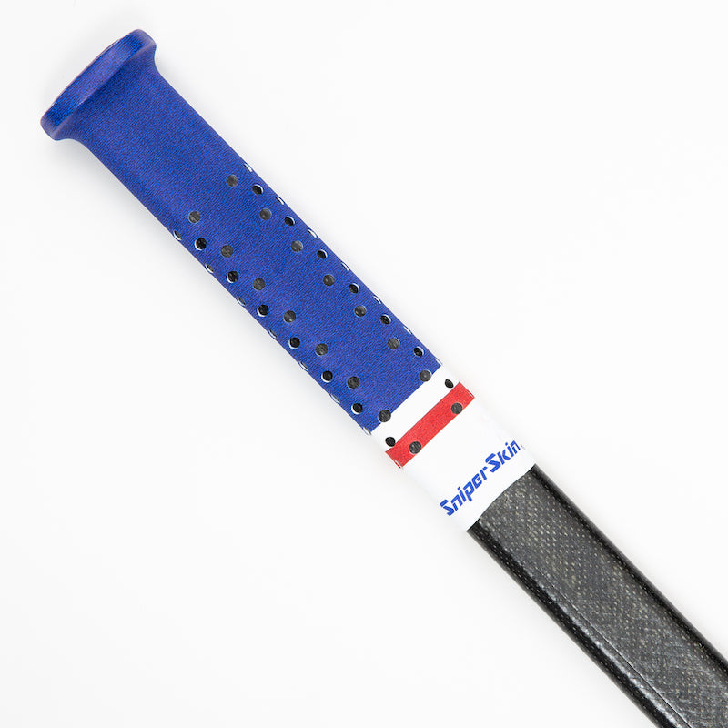 Blue Sniper Skin grip on a hockey stick handle with white and red stripes (New York)