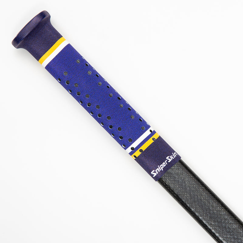 Dark Blue Sniper Skin grip on a hockey stick handle with yellow and white stripes (St. Louis)