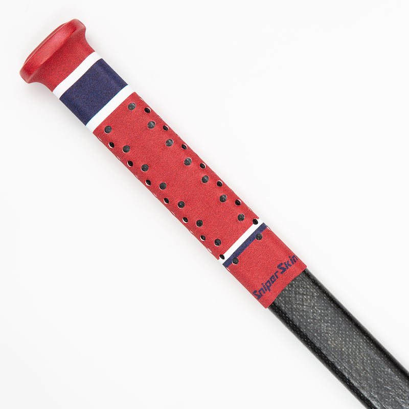 Red Sniper Skin grip on a hockey stick handle with dark blue and white stripes (Montreal)