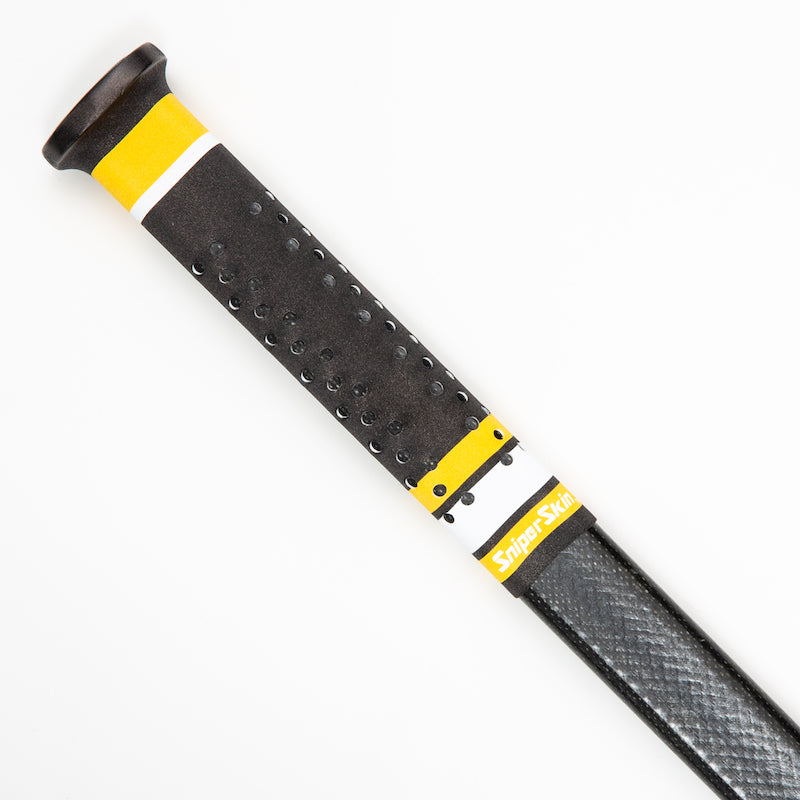 Black Sniper Skin grip on a hockey stick handle with yellow and white stripes (Boston)